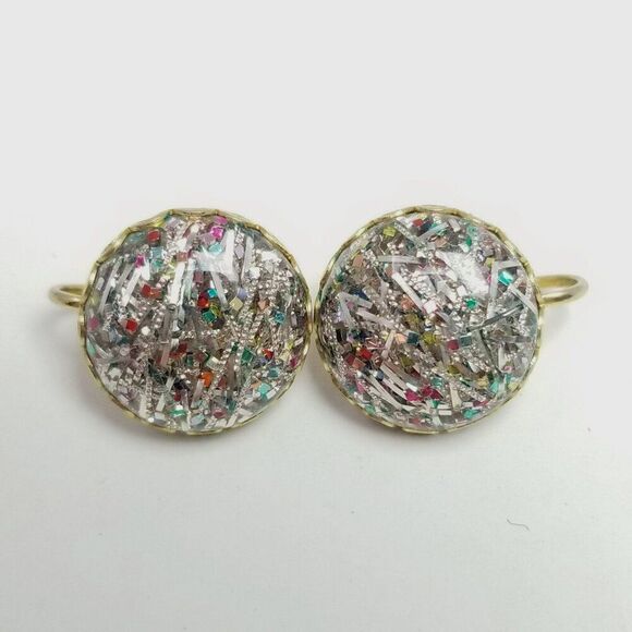 Vintage Sarah Coventry Confetti Glitter Cabochon Clip On Earrings, Retro - Picture 1 of 7